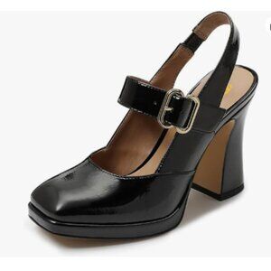 FYS Black Platform Square Toe Pumps Chunky High Heel Mary Janes Slingback Shoes